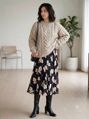 Ann Taylor Black Floral A-Line Midi Skirt